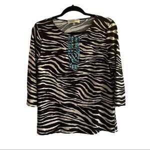 JONES NEW YORK Zebra Print Blouse Top Embellished Turquoise Stones Black Tan MP